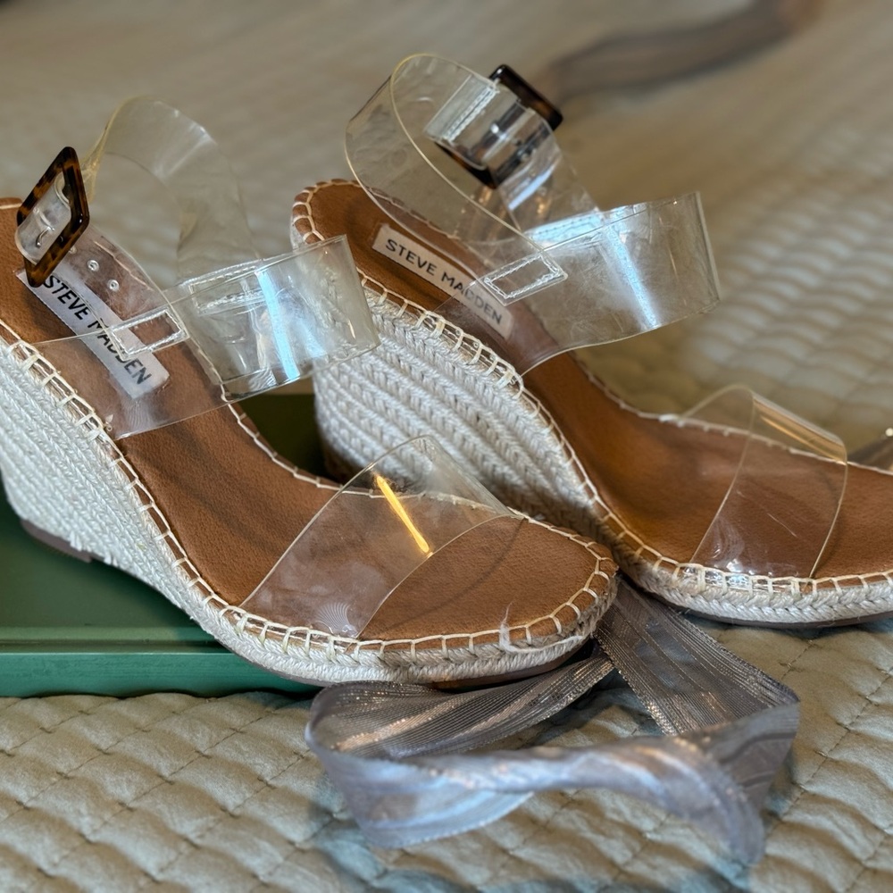 Steve Madden Clear and Tan Wedge Sandals